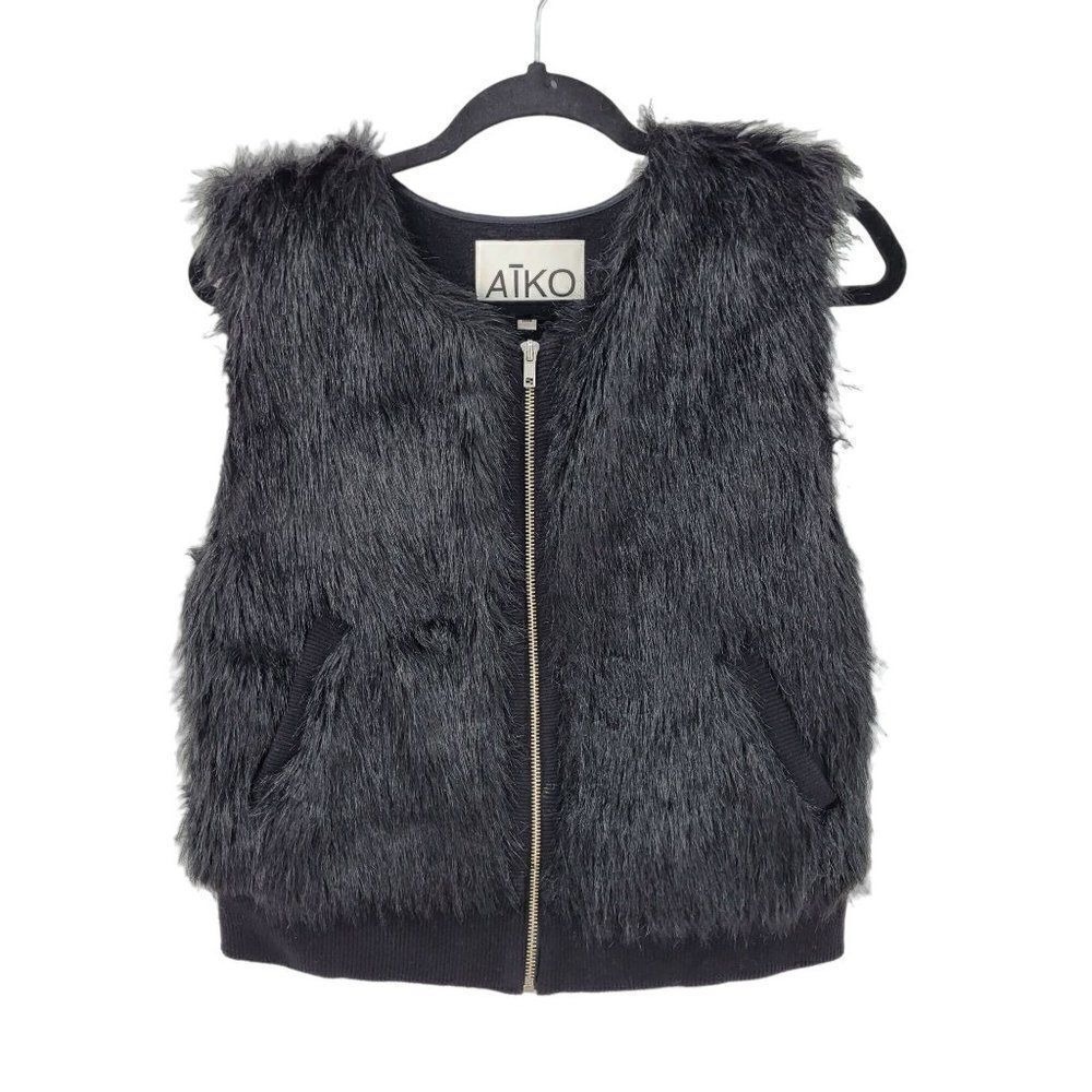 Vtg 90s Aiko Funky Primitive Vegan Faux Fur Zip Up Vest Sz XS Silk Lined Pockets